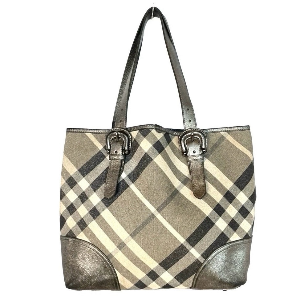 Burberry Byron Shimmer Check Gray Silver Metallic Plaid Tote - Picture 2 of 14